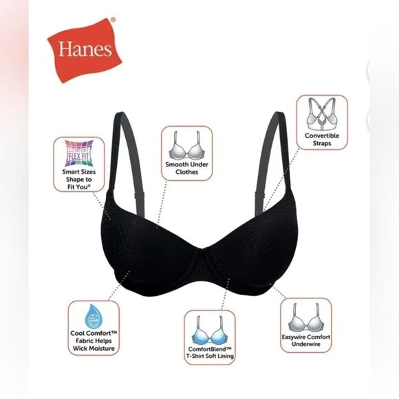 NWT Hanes Comfort Flex Fit Easy Underwire T-shirt Bra Black MHG582 Size L+ - Picture 5 of 8